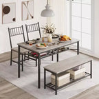 Table à manger pour 4 personnes avec banc et 2 chaises, table de cuisine rectangulaire avec casier à vin et bancs de rangement