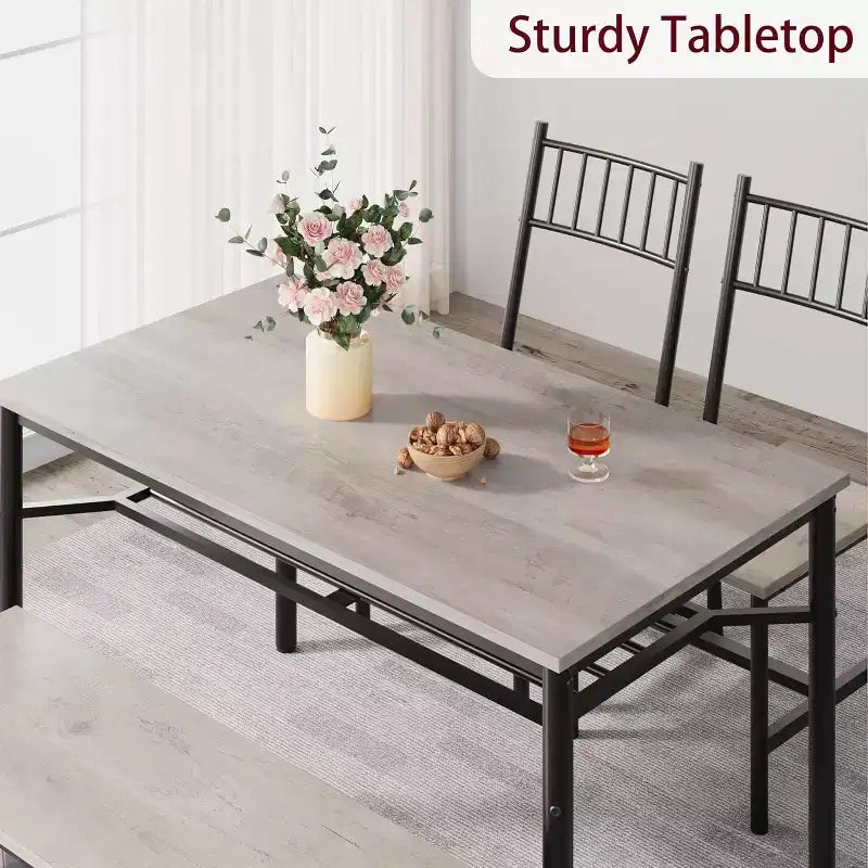 Table à manger pour 4 personnes avec banc et 2 chaises, table de cuisine rectangulaire avec casier à vin et bancs de rangement