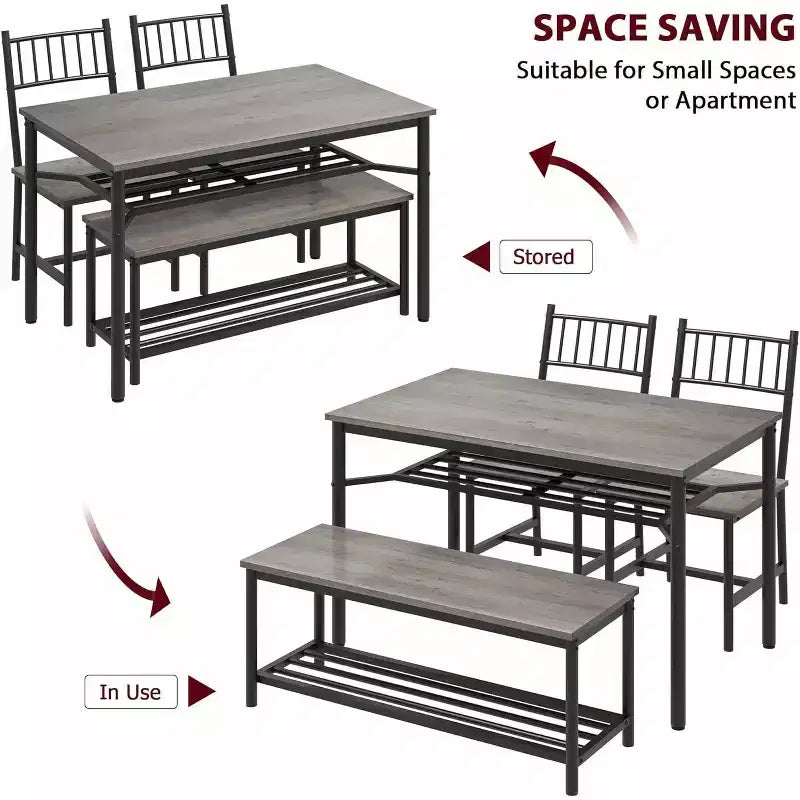 Table à manger pour 4 personnes avec banc et 2 chaises, table de cuisine rectangulaire avec casier à vin et bancs de rangement