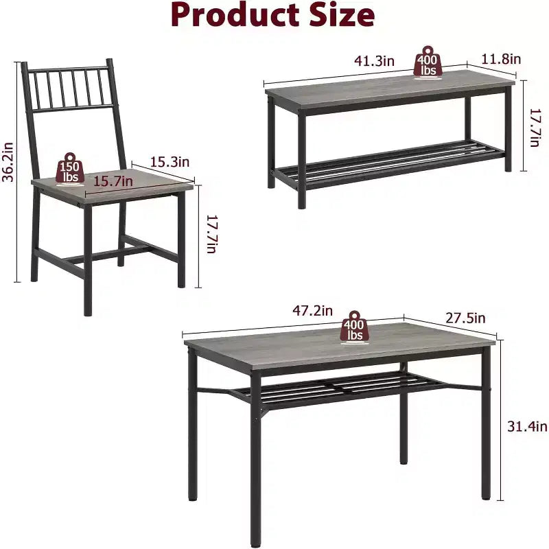 Table à manger pour 4 personnes avec banc et 2 chaises, table de cuisine rectangulaire avec casier à vin et bancs de rangement