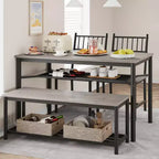 CuisinSmart Dining Table Set for 4 with Bench and 2 Chairs, Rectangular Kitchen Table Set with Wine Rack and Storage Benches