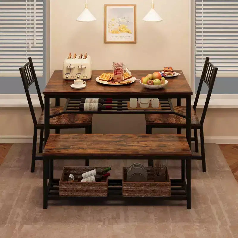 Table à manger pour 4 personnes avec banc et 2 chaises, table de cuisine rectangulaire avec casier à vin et bancs de rangement