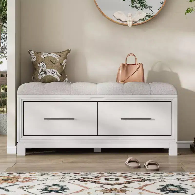 Banc à Chaussures avec Coussin Amovible, Banc d'Entrée avec Rangement Caché pour Salon, Entrée et Couloirs, Blanc