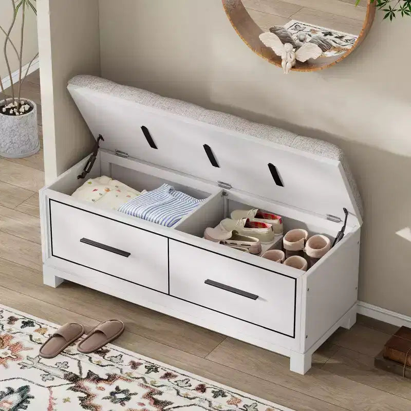 Banc à Chaussures avec Coussin Amovible, Banc d'Entrée avec Rangement Caché pour Salon, Entrée et Couloirs, Blanc