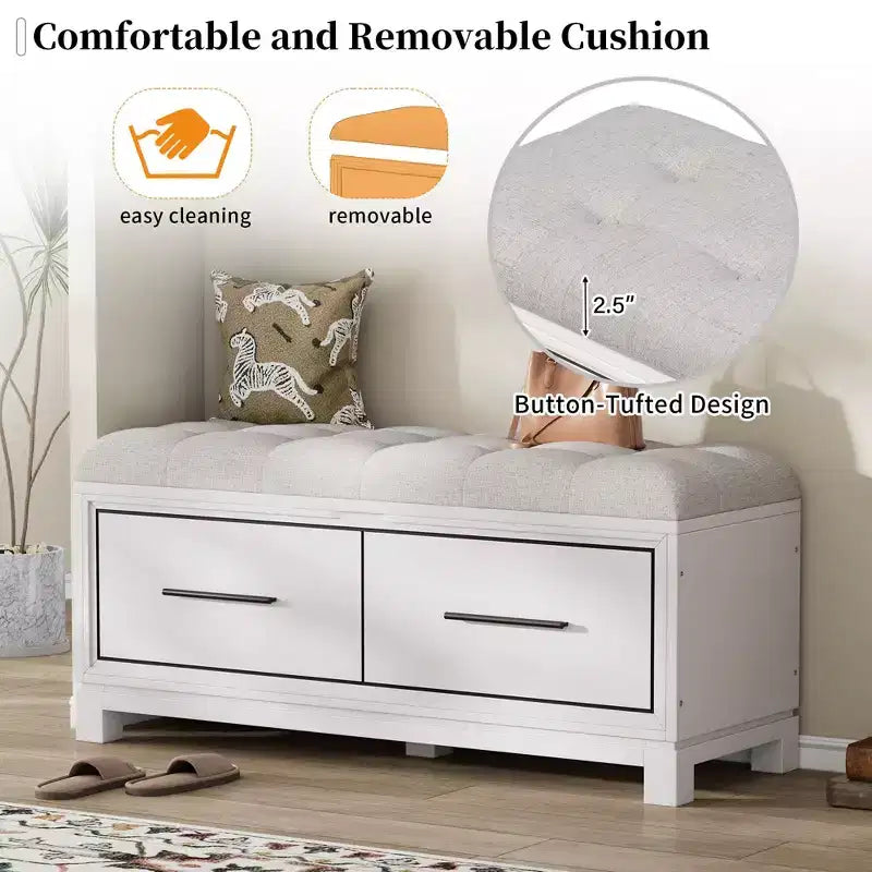 Banc à Chaussures avec Coussin Amovible, Banc d'Entrée avec Rangement Caché pour Salon, Entrée et Couloirs, Blanc