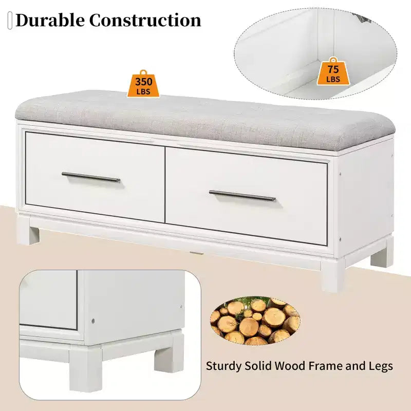 Banc à Chaussures avec Coussin Amovible, Banc d'Entrée avec Rangement Caché pour Salon, Entrée et Couloirs, Blanc