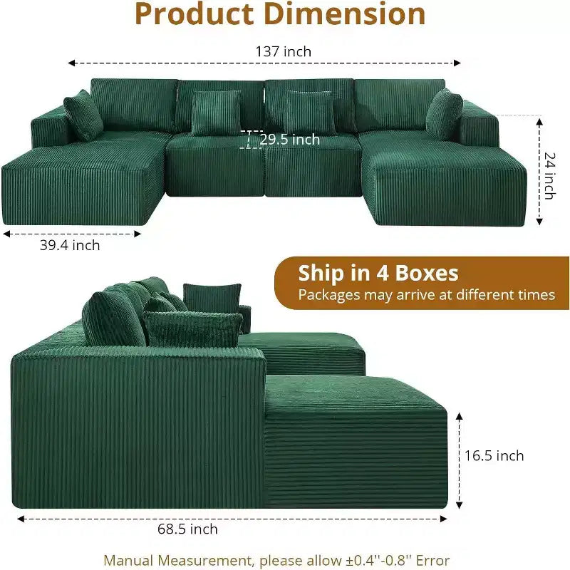 Canapé d'angle en velours côtelé ultra doux, 137, en forme de U | Conception modulaire sans assemblage avec 2 méridiennes | Convertible en lit