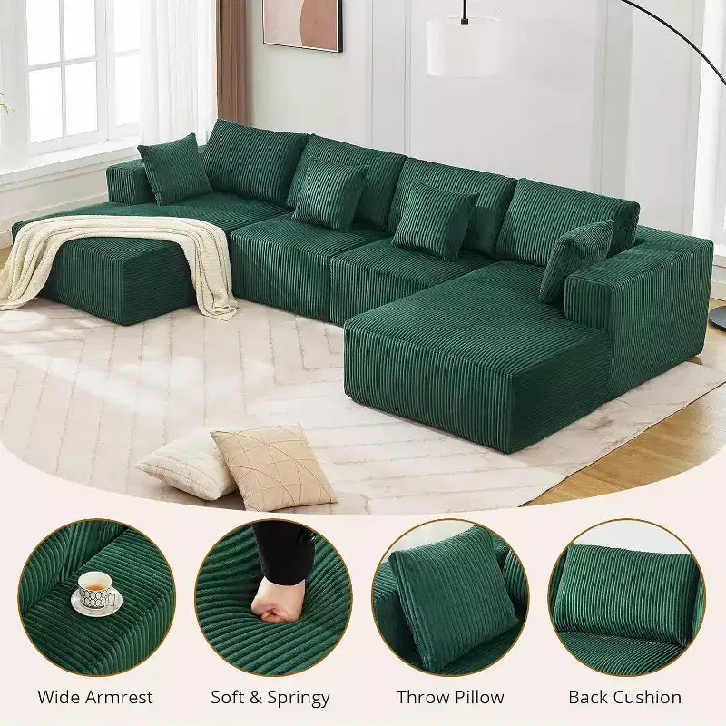 Canapé d'angle en velours côtelé ultra doux, 137, en forme de U | Conception modulaire sans assemblage avec 2 méridiennes | Convertible en lit