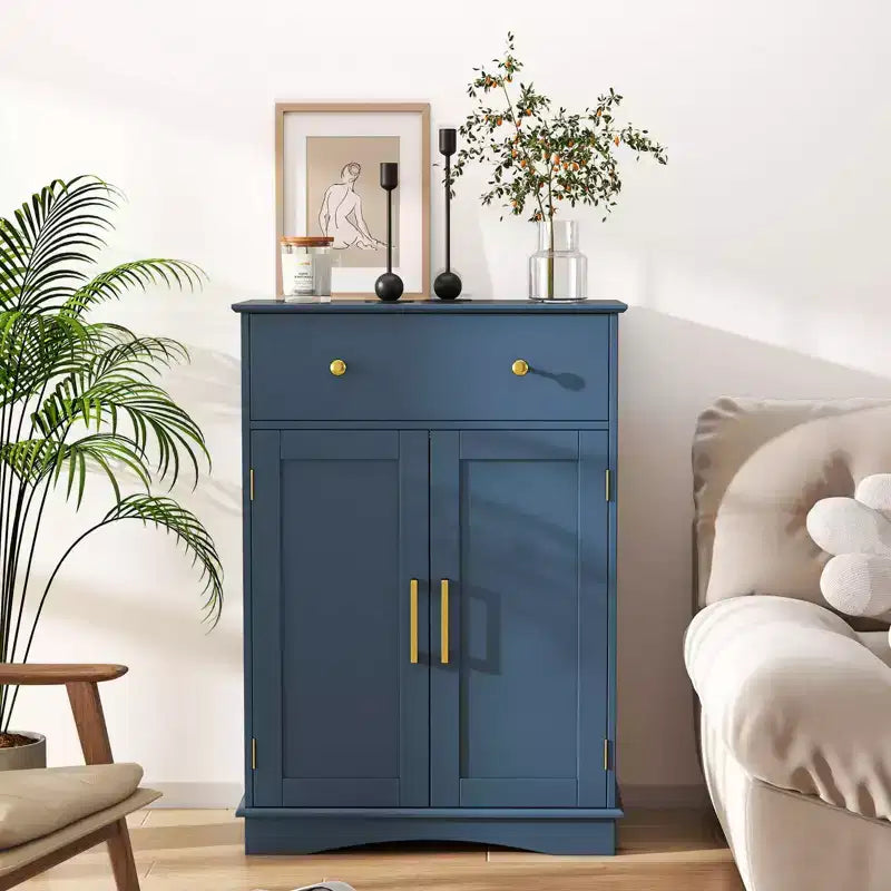 Meuble bas de salle de bain moderne avec grand tiroir coulissant et 2 portes Noir/Bleu/Gris/Blanc/Noir+Blanc