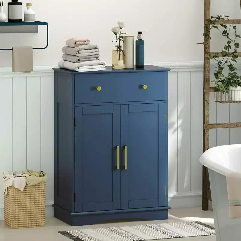 Meuble bas de salle de bain moderne avec grand tiroir coulissant et 2 portes Noir/Bleu/Gris/Blanc/Noir+Blanc