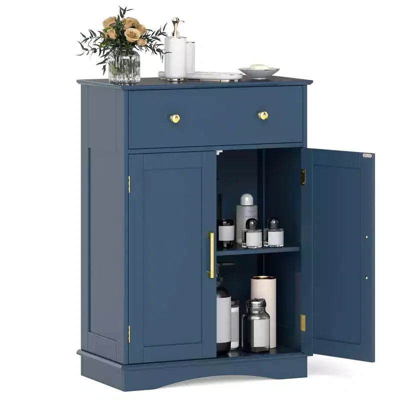Meuble bas de salle de bain moderne avec grand tiroir coulissant et 2 portes Noir/Bleu/Gris/Blanc/Noir+Blanc