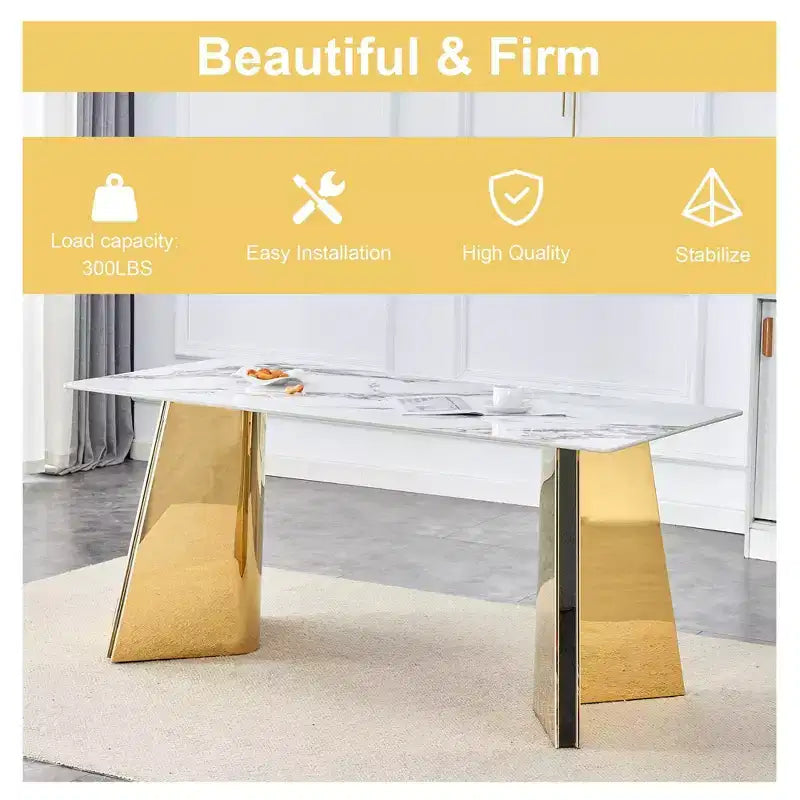 Table de salle à manger/cuisine moderne de 63 po, table à hauteur de comptoir avec imitation marbre et base incurvée pour 6 personnes