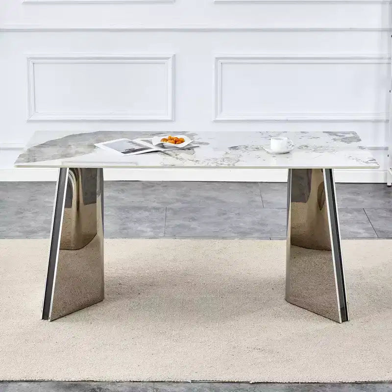 Table de salle à manger/cuisine moderne de 63 po, table à hauteur de comptoir avec imitation marbre et base incurvée pour 6 personnes