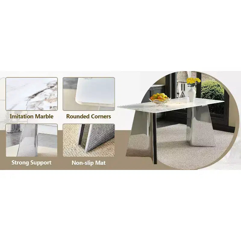 Table de salle à manger/cuisine moderne de 63 po, table à hauteur de comptoir avec imitation marbre et base incurvée pour 6 personnes