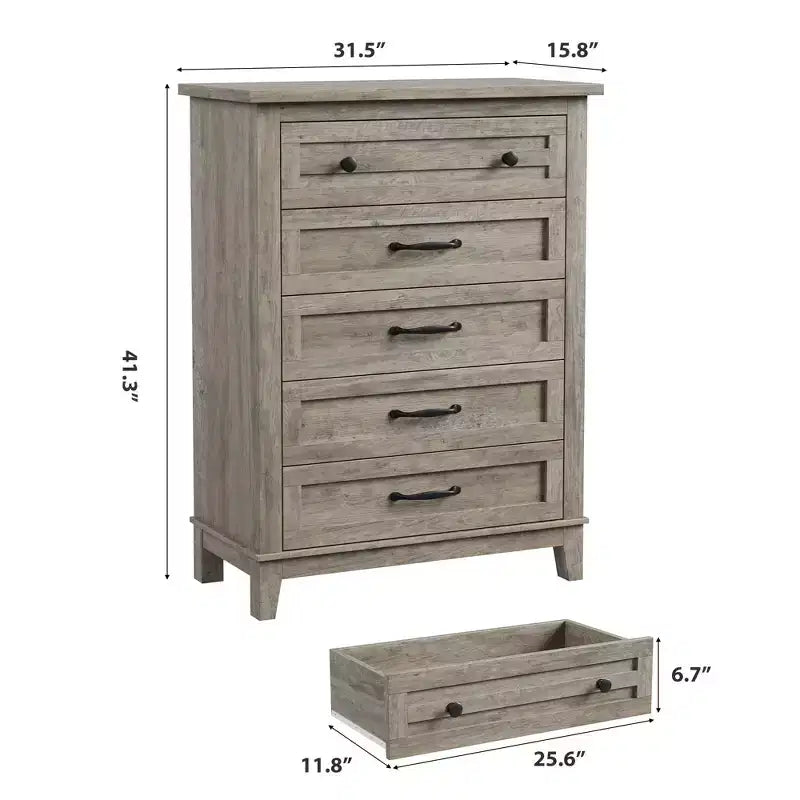 Commode à 5 tiroirs pour chambre, commode verticale de 104,9 cm de hauteur avec grand espace de rangement, commode de placard autonome en bois pour chambre, salon