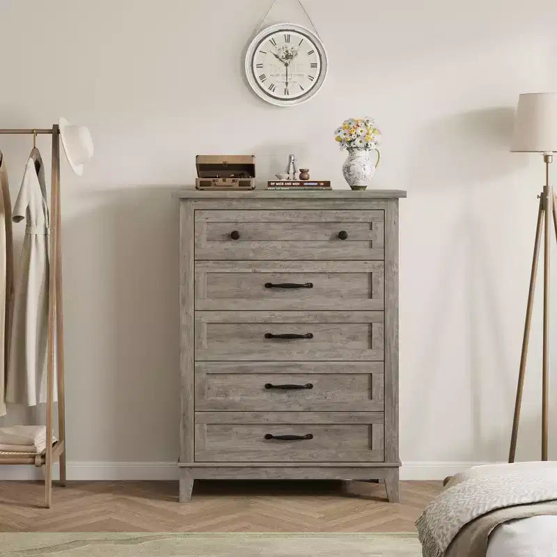 Commode à 5 tiroirs pour chambre, commode verticale de 104,9 cm de hauteur avec grand espace de rangement, commode de placard autonome en bois pour chambre, salon