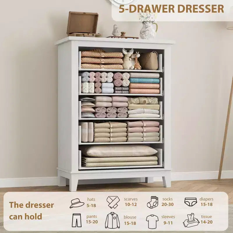 Commode à 5 tiroirs pour chambre, commode verticale de 104,9 cm de hauteur avec grand espace de rangement, commode de placard autonome en bois pour chambre, salon