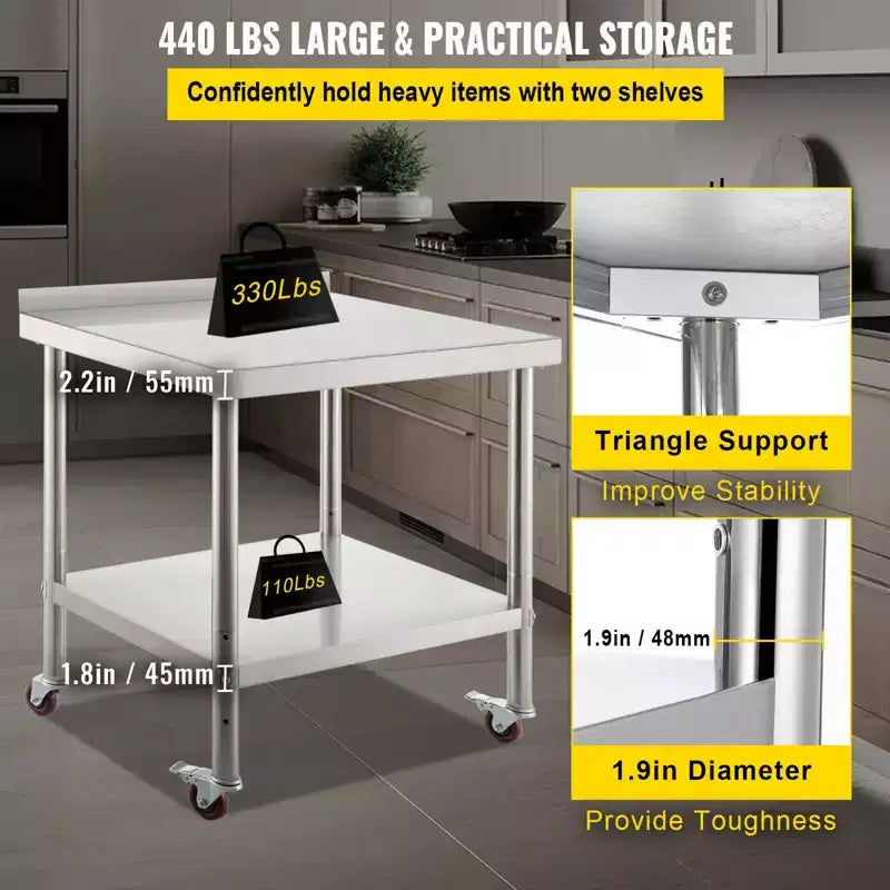 Table de préparation en acier inoxydable, 30 x 24 x 35 pouces, capacité de charge de 440 lb, plan de travail métallique robuste, argent