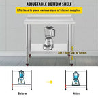 Table de préparation en acier inoxydable, 30 x 24 x 35 pouces, capacité de charge de 440 lb, plan de travail métallique robuste, argent