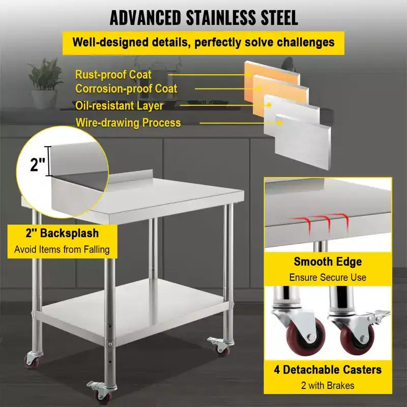 Table de préparation en acier inoxydable, 30 x 24 x 35 pouces, capacité de charge de 440 lb, plan de travail métallique robuste, argent