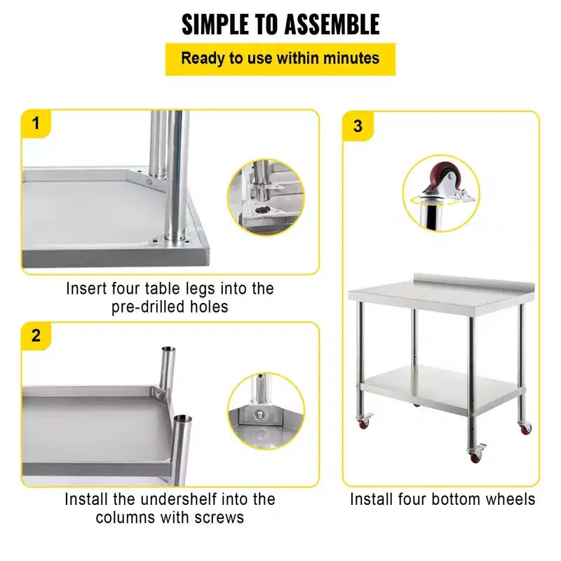 Table de préparation en acier inoxydable, 30 x 24 x 35 pouces, capacité de charge de 440 lb, plan de travail métallique robuste, argent