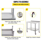 Table de préparation en acier inoxydable, 30 x 24 x 35 pouces, capacité de charge de 440 lb, plan de travail métallique robuste, argent