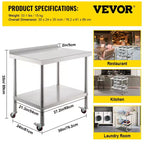 Table de préparation en acier inoxydable, 30 x 24 x 35 pouces, capacité de charge de 440 lb, plan de travail métallique robuste, argent