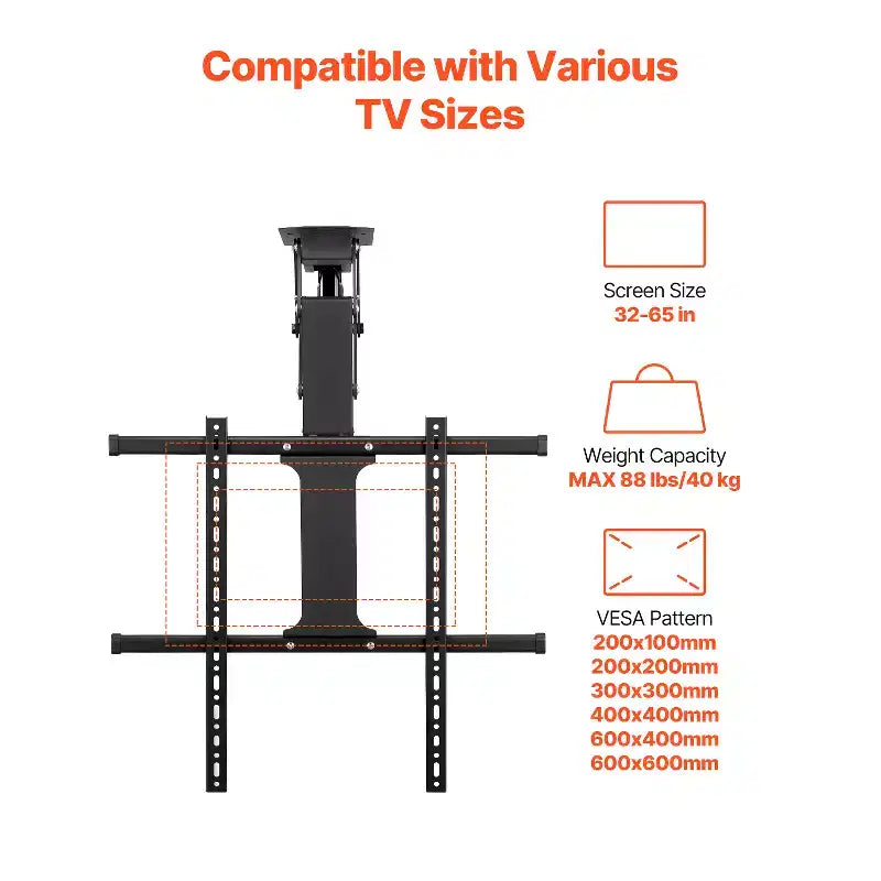 Support TV de plafond motorisé, support mural TV pour téléviseur de 32 à 65 pouces, support TV de plafond électrique réglable, support TV rabattable motorisé, noir
