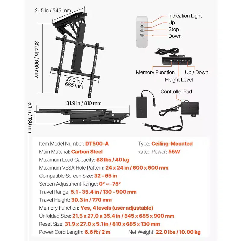 Support TV de plafond motorisé, support mural TV pour téléviseur de 32 à 65 pouces, support TV de plafond électrique réglable, support TV rabattable motorisé, noir