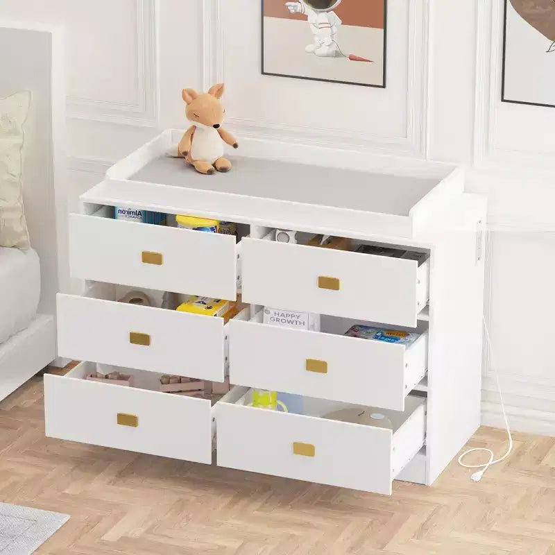 Commode de chambre d'enfant à 6 tiroirs avec table à langer - Commode avec barres de sécurité et plateau imperméable