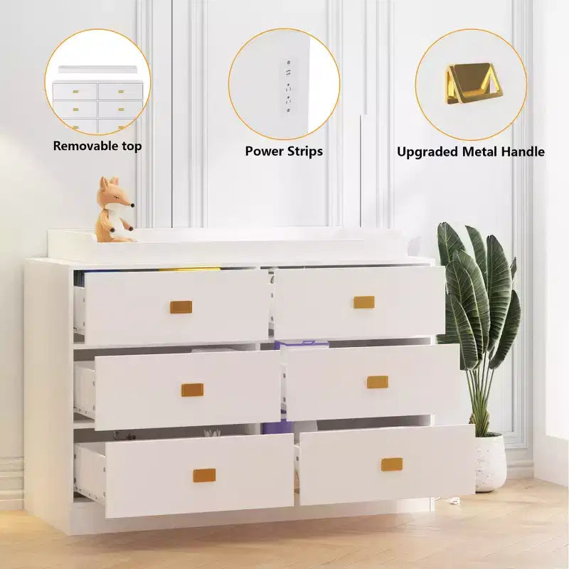 Commode de chambre d'enfant à 6 tiroirs avec table à langer - Commode avec barres de sécurité et plateau imperméable