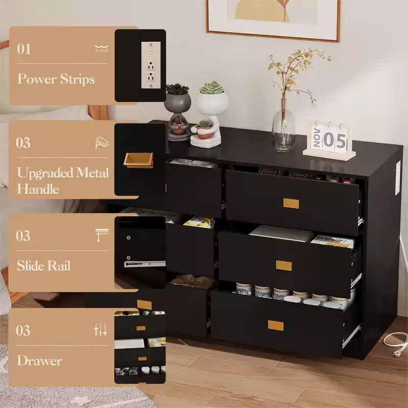 Commode de chambre d'enfant à 6 tiroirs avec table à langer - Commode avec barres de sécurité et plateau imperméable