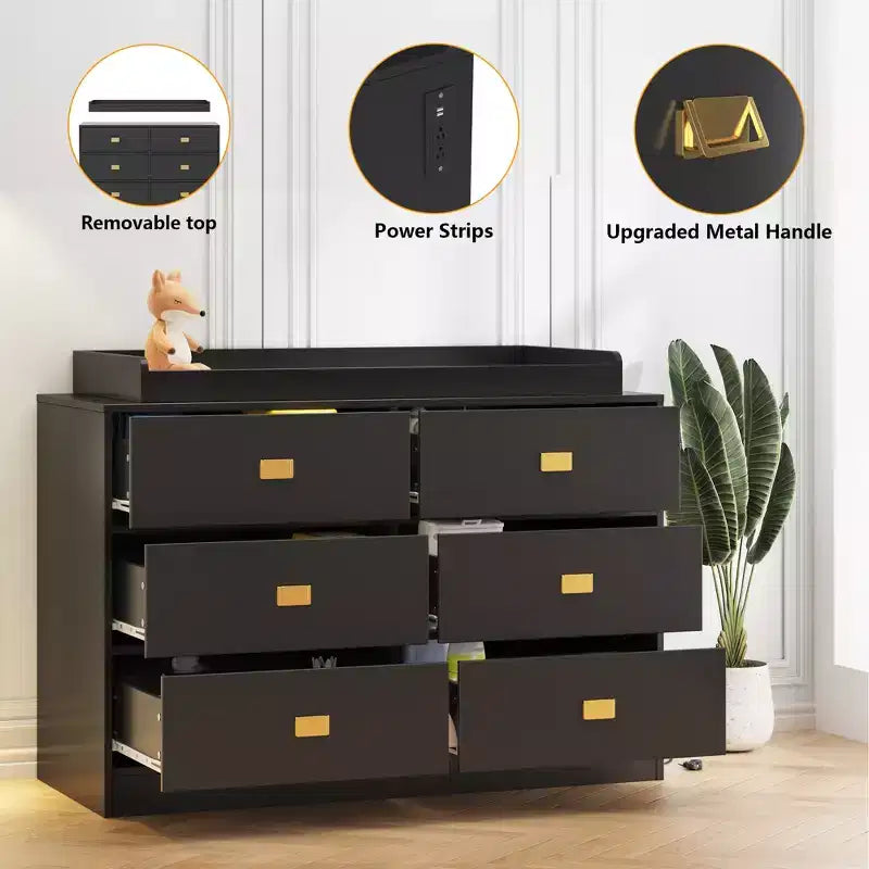 Commode de chambre d'enfant à 6 tiroirs avec table à langer - Commode avec barres de sécurité et plateau imperméable