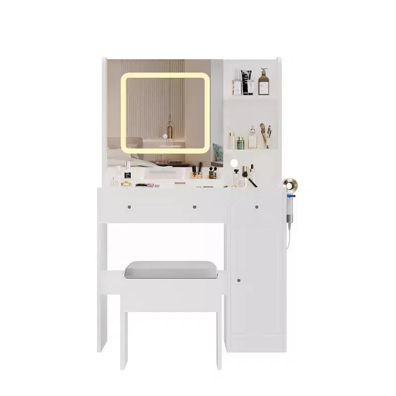 Coiffeuse avec miroir et lumières, tabouret, station de recharge, tiroirs et étagères de rangement pour chambre à coucher
