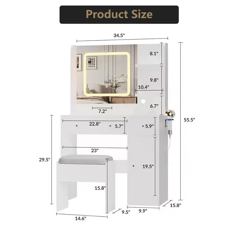 Coiffeuse avec miroir et lumières, tabouret, station de recharge, tiroirs et étagères de rangement pour chambre à coucher