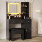 Coiffeuse avec miroir et lumières, tabouret, station de recharge, tiroirs et étagères de rangement pour chambre à coucher