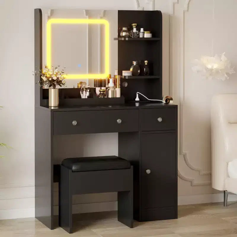 Coiffeuse avec miroir et lumières, tabouret, station de recharge, tiroirs et étagères de rangement pour chambre à coucher