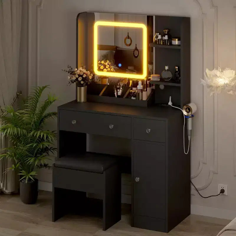 Coiffeuse avec miroir et lumières, tabouret, station de recharge, tiroirs et étagères de rangement pour chambre à coucher