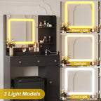 Coiffeuse avec miroir et lumières, tabouret, station de recharge, tiroirs et étagères de rangement pour chambre à coucher