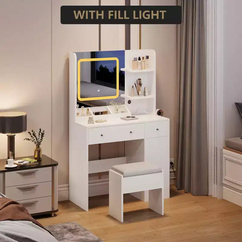 Coiffeuse avec miroir et lumières, tabouret, station de recharge, tiroirs et étagères de rangement pour chambre à coucher