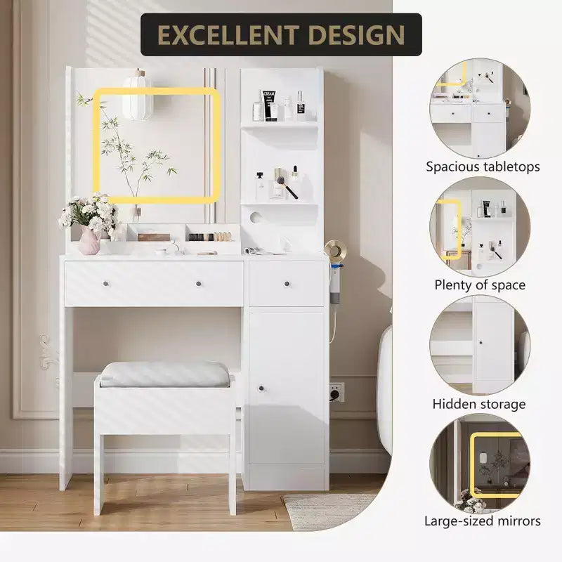 Coiffeuse avec miroir et lumières, tabouret, station de recharge, tiroirs et étagères de rangement pour chambre à coucher