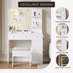 Coiffeuse avec miroir et lumières, tabouret, station de recharge, tiroirs et étagères de rangement pour chambre à coucher