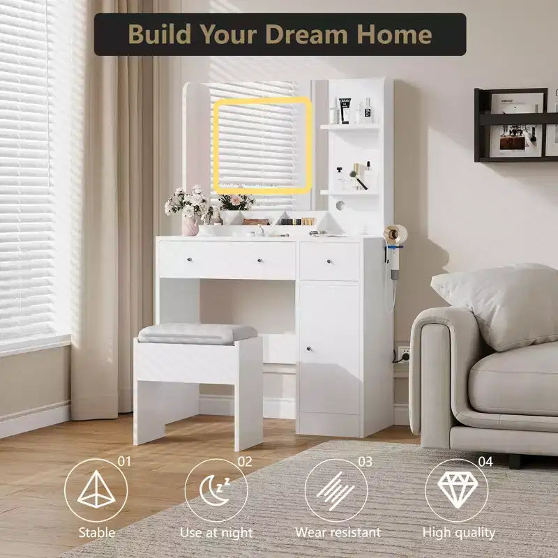 Coiffeuse avec miroir et lumières, tabouret, station de recharge, tiroirs et étagères de rangement pour chambre à coucher
