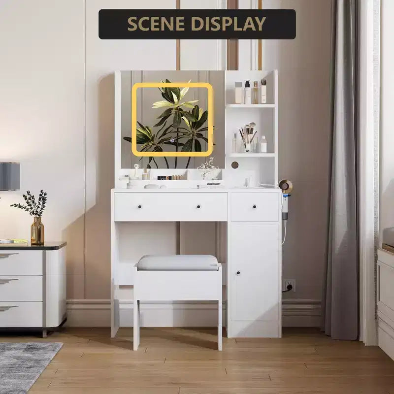 Coiffeuse avec miroir et lumières, tabouret, station de recharge, tiroirs et étagères de rangement pour chambre à coucher