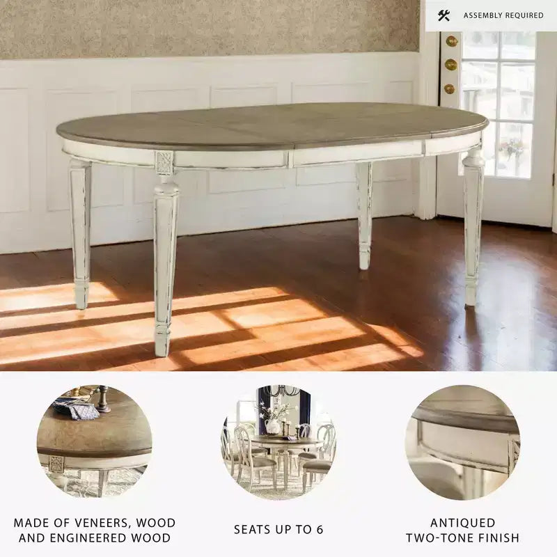 Table à manger ovale extensible ébréchée - Style ferme bicolore, 6 places, Rallonge amovible