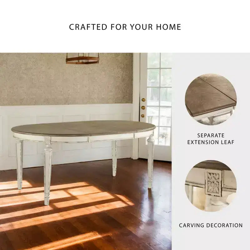Table à manger ovale extensible ébréchée - Style ferme bicolore, 6 places, Rallonge amovible