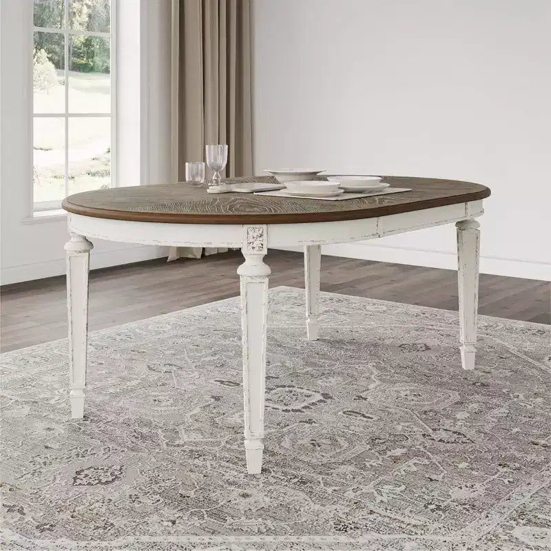 Table à manger ovale extensible ébréchée - Style ferme bicolore, 6 places, Rallonge amovible