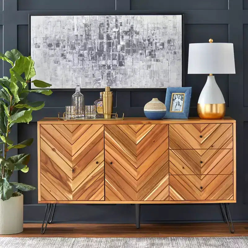 Buffet Alexandrie Chevron Chêne Mid-Century Moderne 2 Portes 3 Tiroirs : Desserte Mid-Century, Pieds Épingle, Rangement