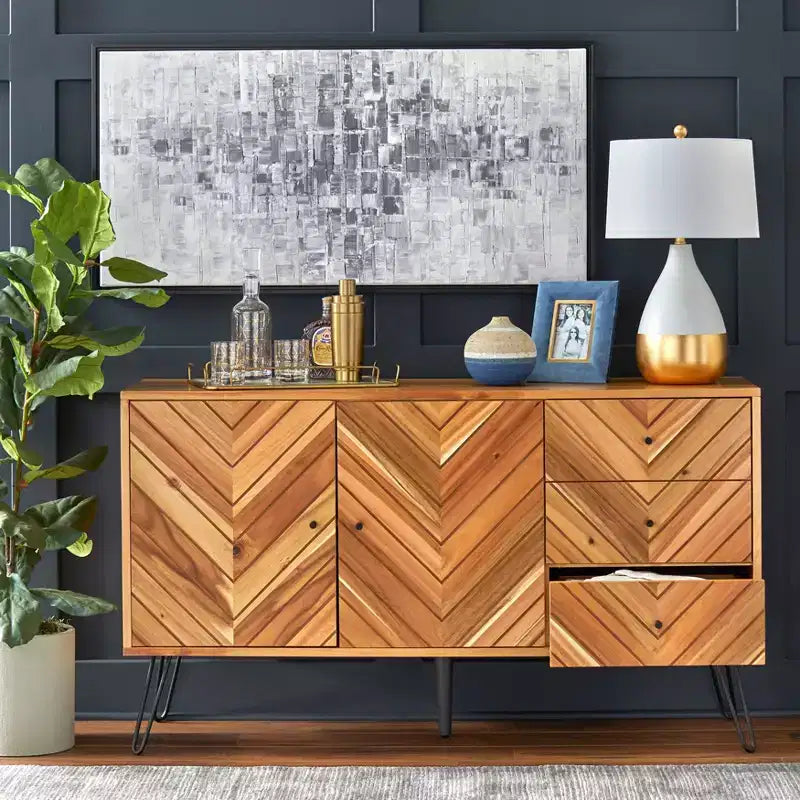 Buffet Alexandrie Chevron Chêne Mid-Century Moderne 2 Portes 3 Tiroirs : Desserte Mid-Century, Pieds Épingle, Rangement