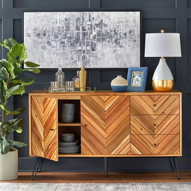 Buffet Alexandrie Chevron Chêne Mid-Century Moderne 2 Portes 3 Tiroirs : Desserte Mid-Century, Pieds Épingle, Rangement